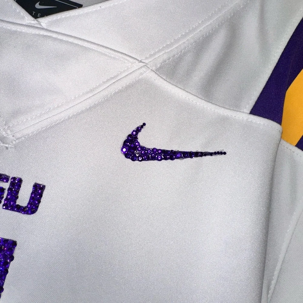 Rhinestone Bedazzled LSU football Nike white jersey